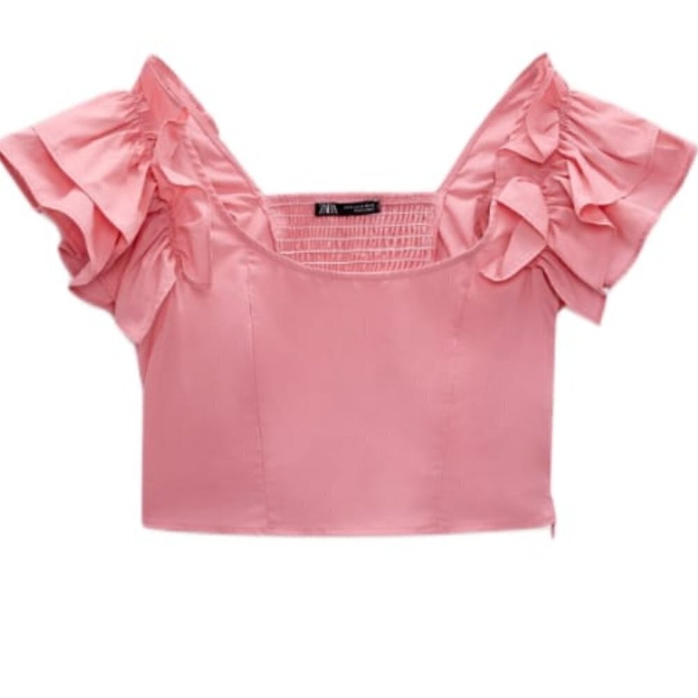 ZARA RUFFLED POPLIN TOP SS22 PINK | 3666/096